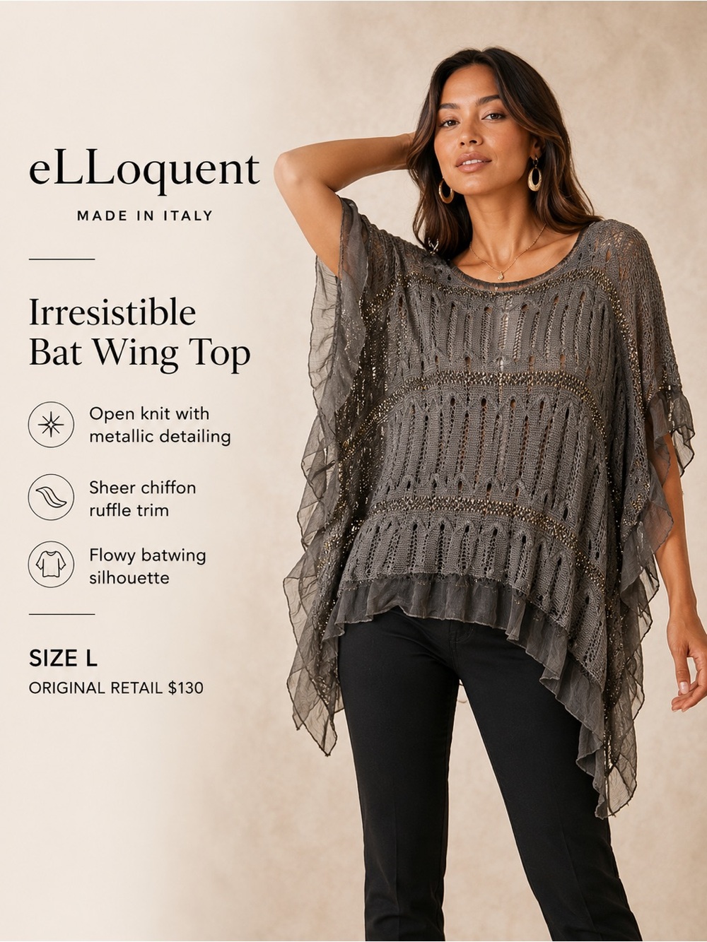 Elloquent Irresistible Bat Wing Top Gray Metallic Sheer Made in Italy Size L NWT